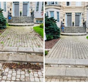 Before and after of a shrub bed pruned and mulched
