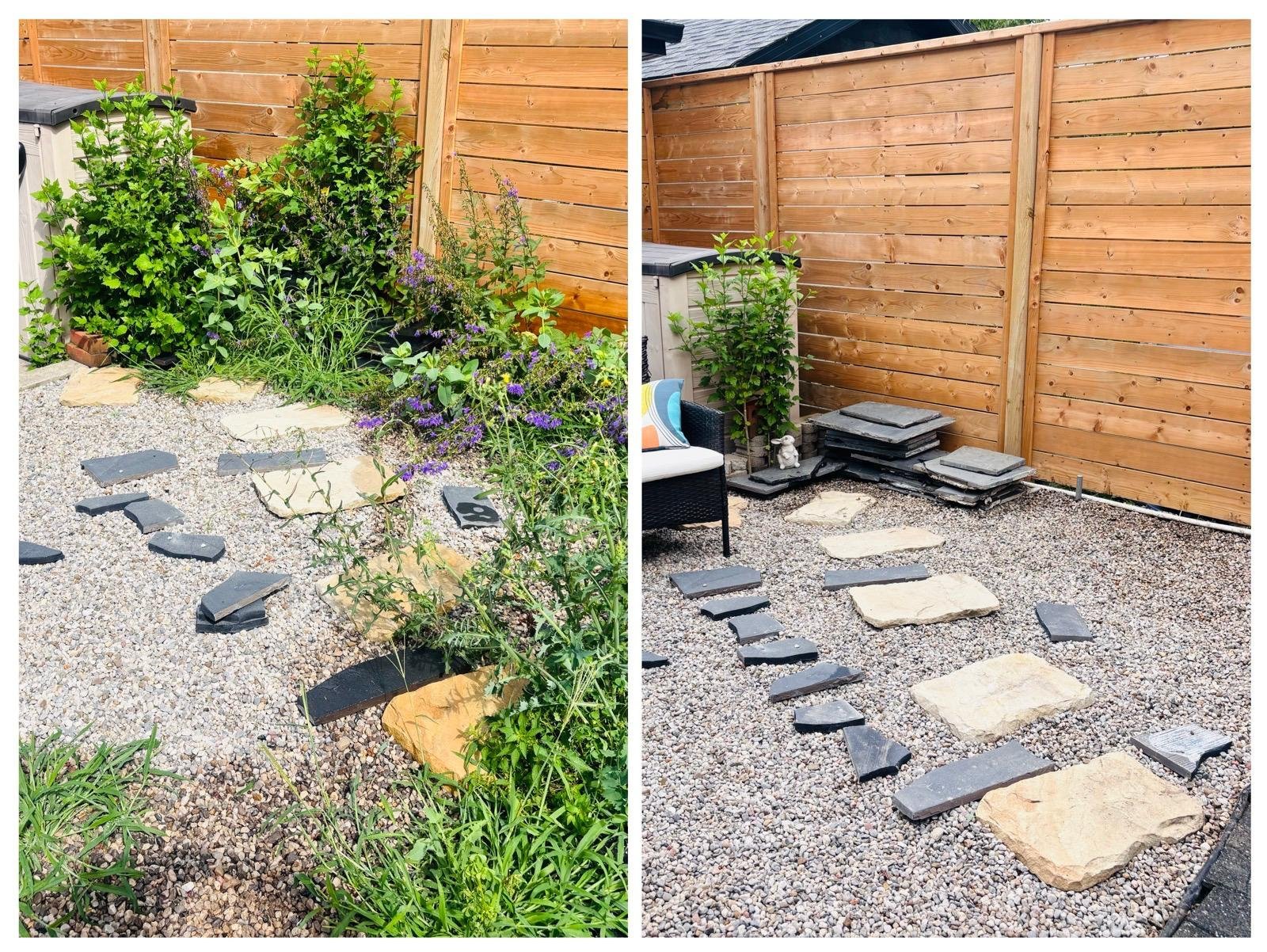 Before and after of a gravel path with stepping stones