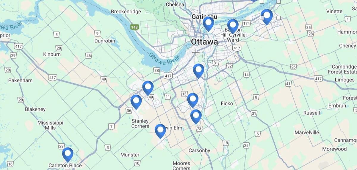 Map of the Ottawa area with the served neighbourhoods marked